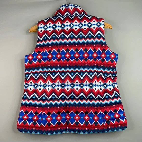 Lands End Women's Puffer Vest Size S/P 6-8 Red Blue White Patterned Down Fill - Picture 2 of 7